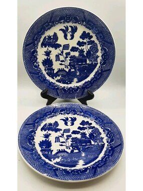2 Vintage Willow Blue Transferware Plates Marked Japan 9 3/8 In  Some Crazing